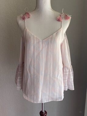 cooper & ella Pink Metallic-Striped Cold-Shoulder Blouse with Tassel Ties